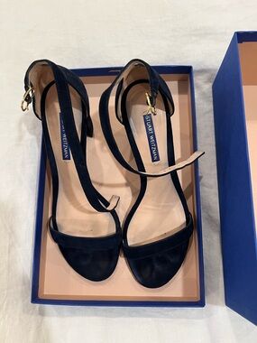 Stuart Weitzman Nearly Nude Navy Suede Ankle-Strap Block Heels